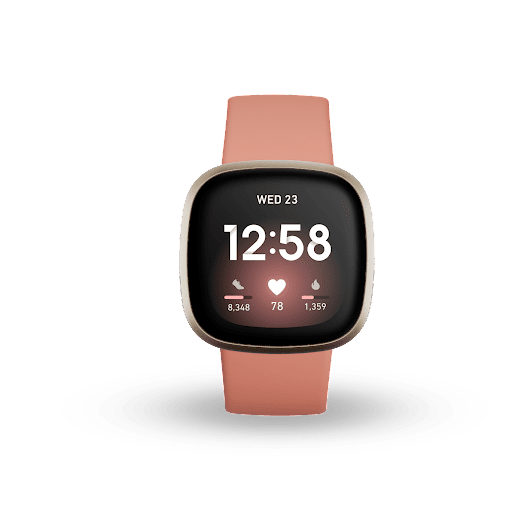 Front view of Fitbit Versa 3 in Pink Clay / Black Aluminum