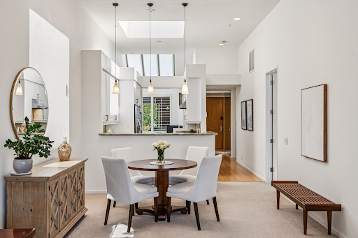Modern minimalist dining room and kitchen in this luxury property for sale in Tiburon ($1,750,000)
