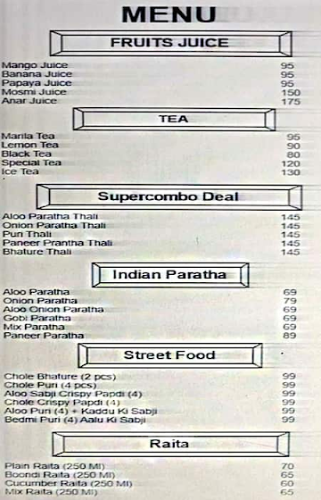 Sweets & Fast Food menu 