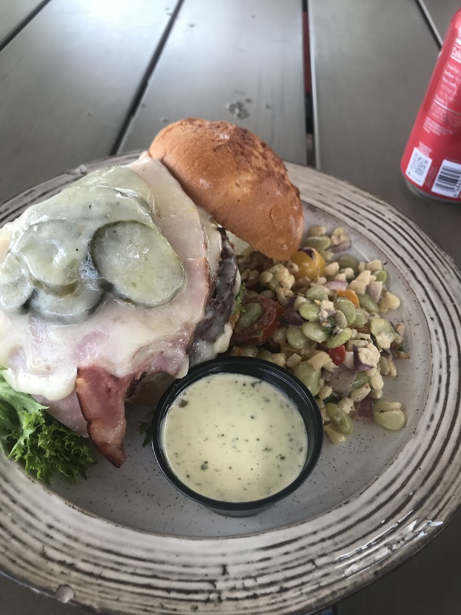 Cubano burger and butter bean and corn salad. I would try a different burger next time but the salad was scant, but tasty!