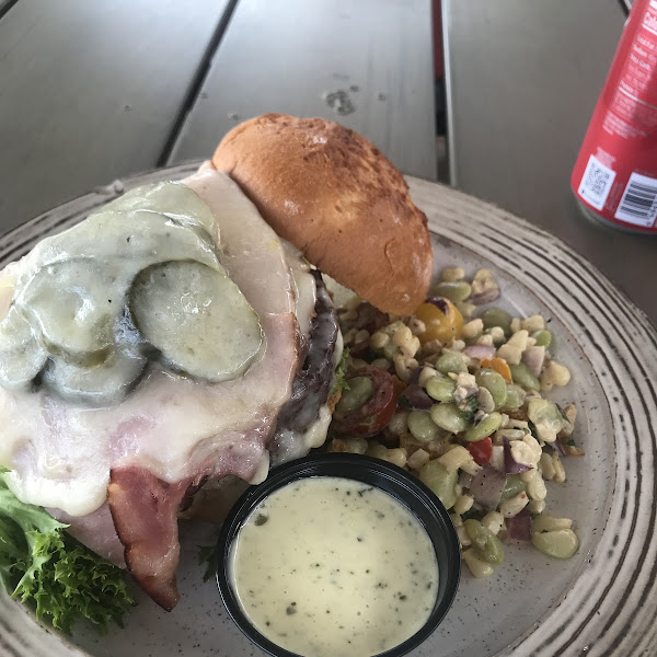 Cubano burger and butter bean and corn salad. I would try a different burger next time but the salad was scant, but tasty!