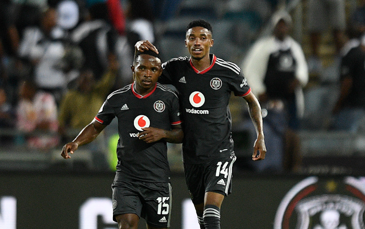 Orlando Pirates striker Monnapule Saleng (right) celebrates his goal with teammate during DStv Premiership match against Maritzburg United.