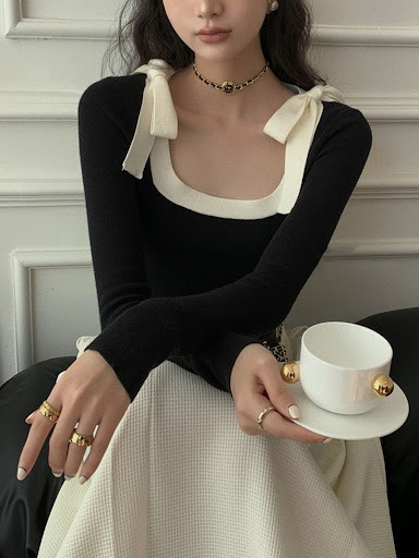 Title 1, Womens Square Collar Bow Slim-fit Knitted Long...