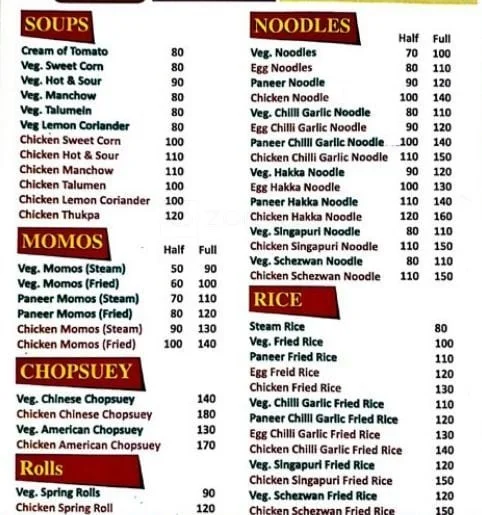 Chinese Valley menu 