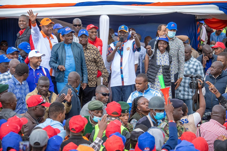 ODM leader Raila Odinga addressing supporters in Taita Taveta on July 12,2022. With him are Narc Kenya leader Martha Karua, Wiper leader Kalonzo Musyoka among other leaders.