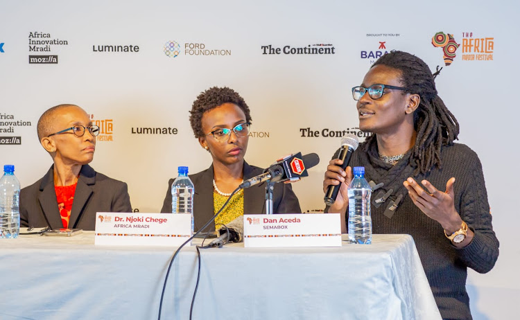 Media Council of Kenya representative Leo Munyao Mutisya, Executive director Baraza Media Lab Maurice Otieno, Senior Director of Africa Innovation Mradi, Mozilla Alice Munyua, Senior Advisor Africa Mradi at Mozilla Dr. Njoki Chege and Founder Sema box Dan Aceda during the Africa Media Festival press conference at Baraza Media Lab on February 1, 2023.