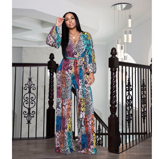 Title 2, Printed Flared Long-sleeved Jumpsuit with Wide ...