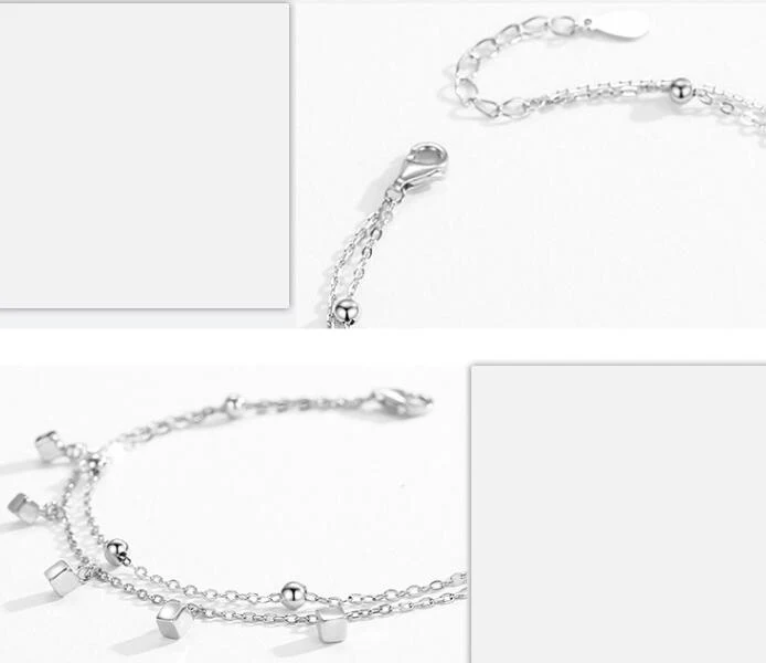 Pulseira quadrada dupla camada em prata de lei S925 para mulheres. Design elegante e moderno. Joia sofisticada e duradoura. Presente ideal.