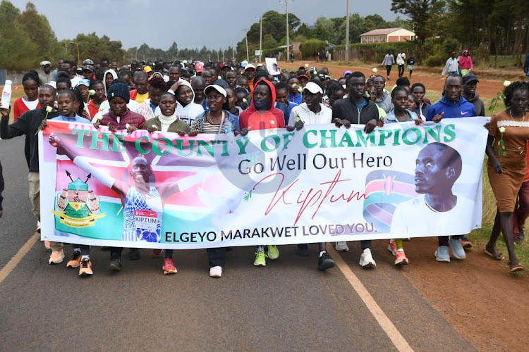 Procession by athletes in Iten town held to honour World Marathon record holder the late Kelvin Kiptum on February 20, 2024