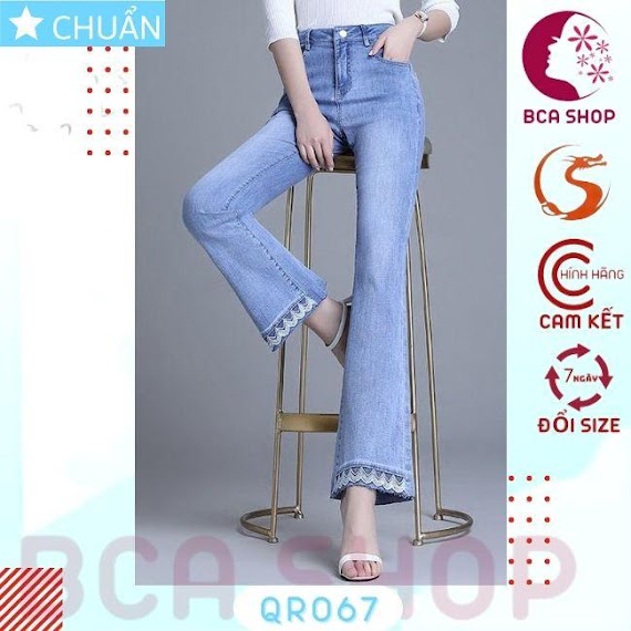 Quần Jean Nữ Ống Loe Qro67 Rosata Tại Bcashop Dáng Lửng Chạm Mắt Cá Chân, Thêu Lai, Lưng Cao 1 Nút, Phom Chuẩn