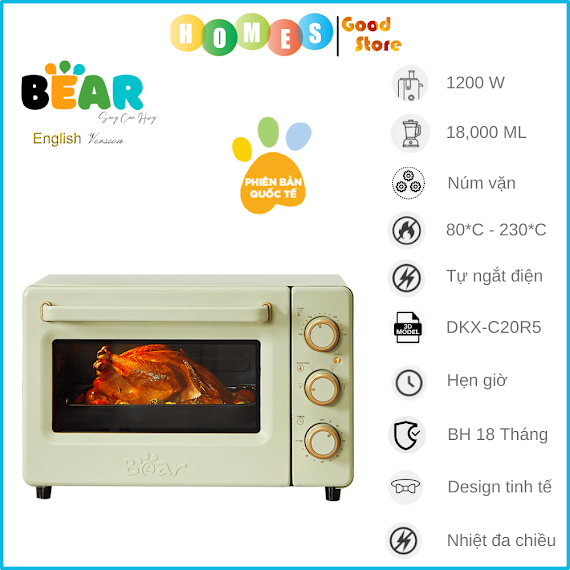 Lò Nướng Điện Kiêm Hấp Đa Năng Bear Dkx - C20R5 Dung Tích 18 Lít Công Suất 1200 W - Hàng Chính Hãng