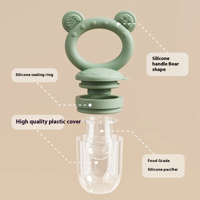 Baby Food Feeder with Silicone Fruit Teether. Solid food introduction tool, soothing for gums, encourages self-feeding, 