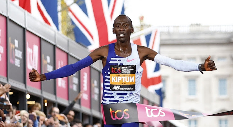 Kenya’s Kelvin Kiptum celebrates as he crosses the finish line to win the elite men's race in the London Marathon in London, Britain, April 23 2023. Picture: ANDREW BOYERS/REUTERS