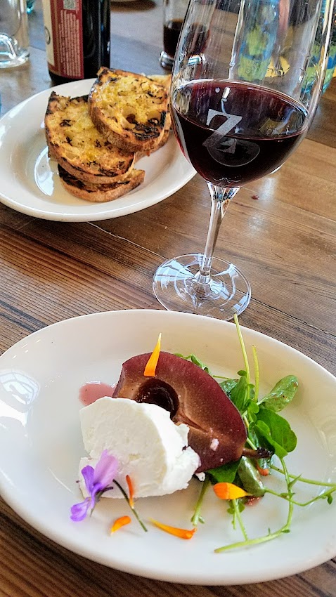 lunch with zazu kitchen + farm. Bohemian Creamery's bodacious cheese with a red wine pear, paired with Bucher Pinot Noir RRV 2014, part of the Artisan Cheese Festival tour visiting the Barlow in Sebastopol