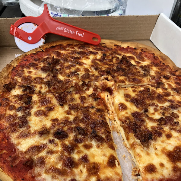 My twin 16 year old sons (who have Celiac) loved this pizza! It was a good size and it didn’t come cut. They provided you with your own wrapped pizza cutter! We will definitely be back again!