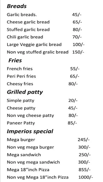 Imperio's Pizza menu 