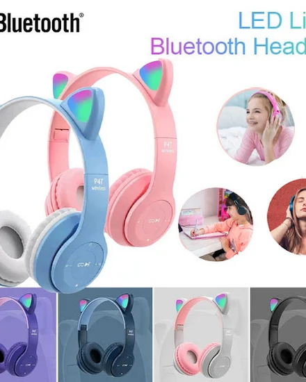 P47M Wireless Bluetooth Headphone Flash Light Cute Cat Ea... - 3