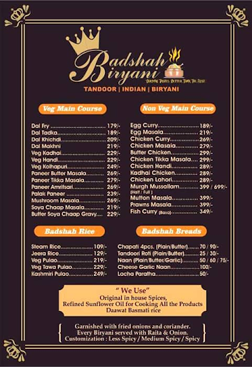 Badshah Biryani menu 