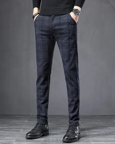 Autumn Men's Brushed Plaid Casual Pants Fashion Korean El... - 2