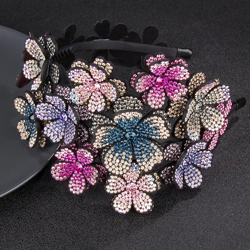 Grand bandeau cheveux fleur bord large strass brillants diamant de haute qualité couleur antidérapant pour femmes