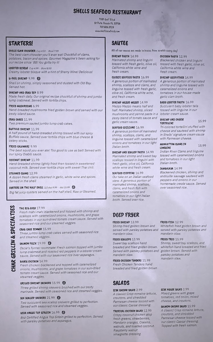 Shells Seafood gluten-free menu