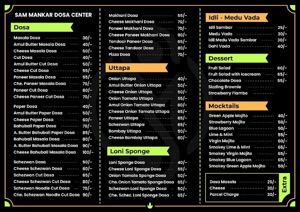 Sam Mankar Dosa menu 