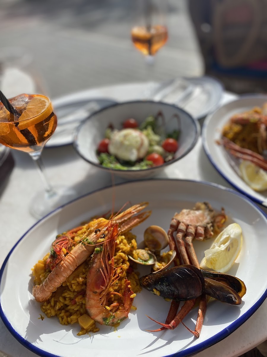 Seafood paella and burrata