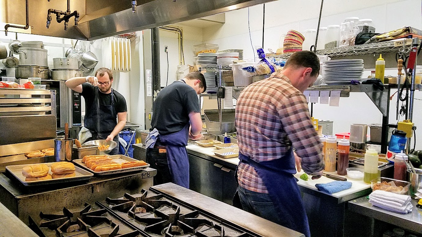 The kitchen at work at Shipwreck PDX at Taqueria Nueve pop up in May