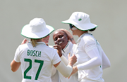 Masabata Klaas celebrates after taking the wicket of Ellyse Perry on the first day of the one-off Test between Australia and South Africa at the WACA on Thursday.