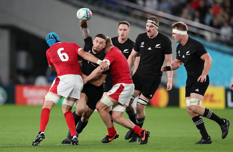 New Zealand's Sonny Bill Williams in action against Wales's Justin Tipuric and James Davies during the Rugby World Cup third place playoff at Tokyo Stadium, in Tokyo, Japan, on November 1 2019.