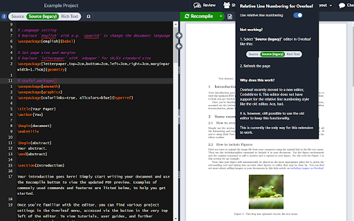 Relative Line Numbering for Overleaf