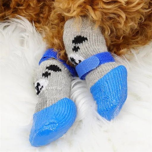 4pcs/set Cute Cotton Dog Shoes Waterproof Non-slip Rubber Cats Dogs Socks for Chihuahua Puppy Cat Rain Snow Boots Pet Pr