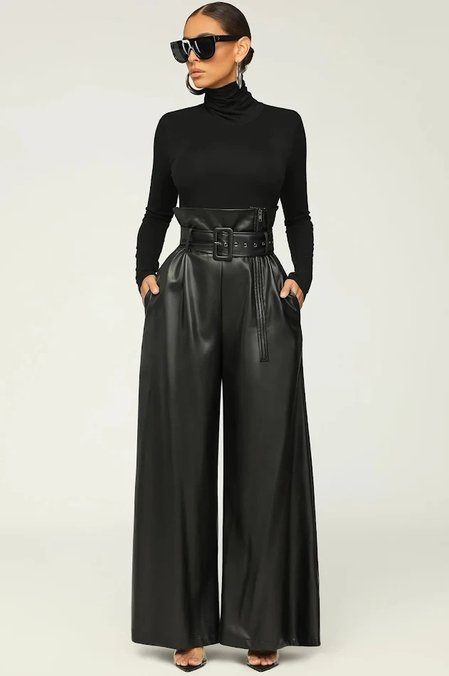 High Waist PU leren broek met metalen riem Wide Leg Trousers Stijlvol en comfortabel voor een trendy look Perfect voor dag en nacht