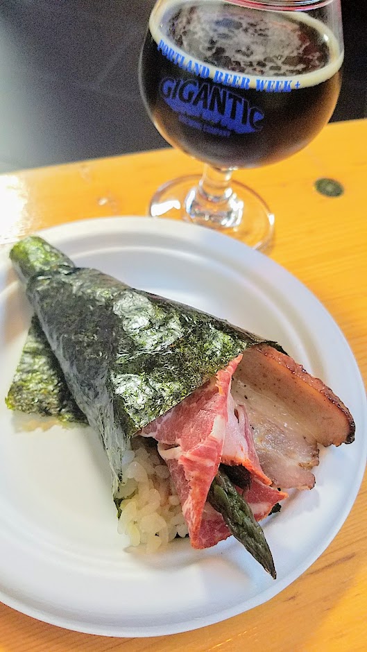 Snackdown 2018 pairing of Afuri/Wayfinder brought together Hidden Handroll - Capicola-wrapped Asparagus, Chasu Don Pork Belly, Spicy Hidden Sauce with the Hidden Hand Dark Lager