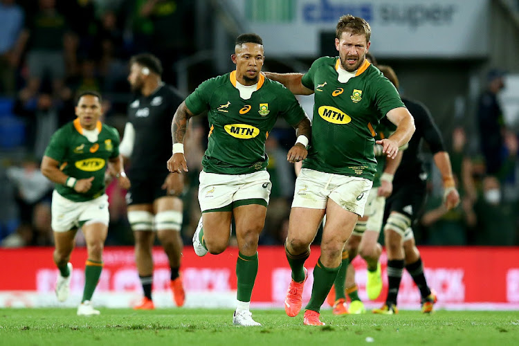 Elton Jantjies of the Spingboks kicks a field goal during The Rugby Championship match between the South Africa Springboks and New Zealand All Blacks at Cbus Super Stadium on October 02, 2021 in Gold Coast, Australia.