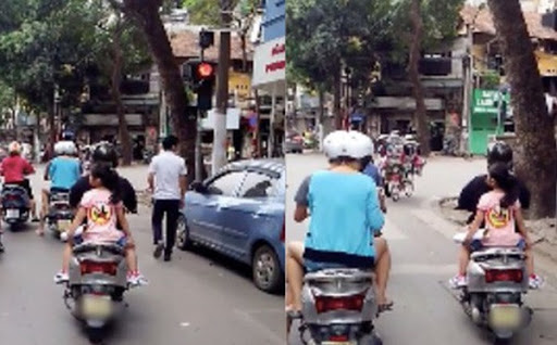 Người phụ nữ cho con mặc áo có logo “uống rượu không lái xe” nhưng không đội mũ cho đứa trẻ