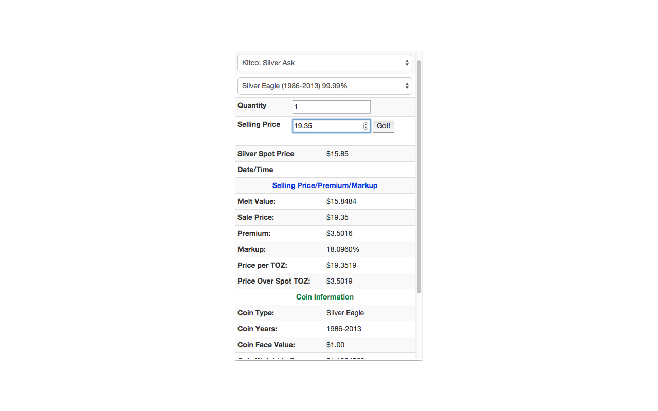 Silver and Gold Coin Spot Price Calculator Preview image 0