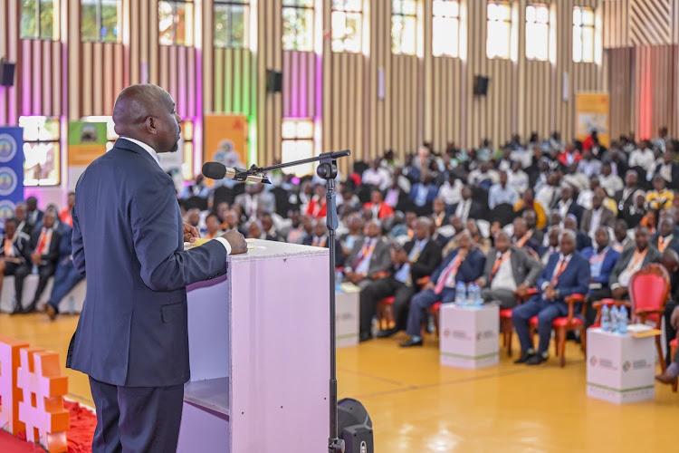 Transport CS Kipchumba Murkomen addressing delegates during the Engineering Partnerships Convention 2024 at Dedan Kimathi University of Technology in Nyeri on May 8, 2024