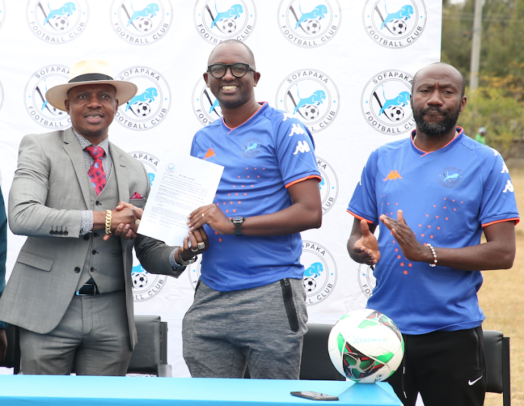 Sofapaka president Elly Kalekwa with new coaches Francis Haringingo and Pablo Nduwimana at Marist Grounds, Karen on August 2