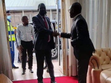 ODM leader Raila Odinga being welcomed to the country by Mathare MP Anthony Oluoch on Tuesday, March 22, 2022.