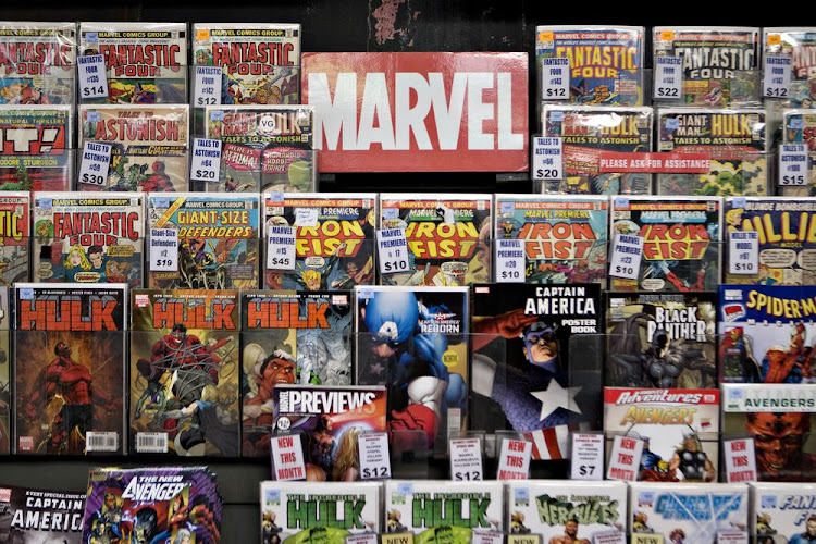 Marvel comics on display at a store in New York.