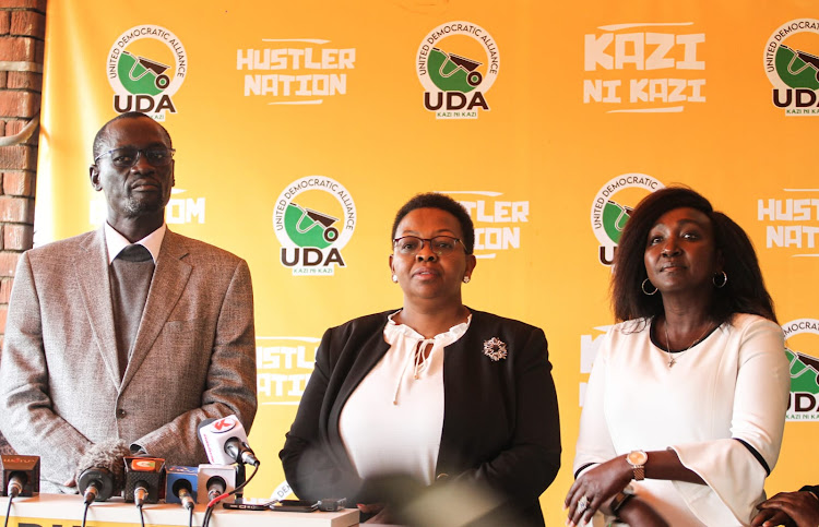 Kenya Kwanza Director General in charge of Presidential campaign Josphat Nanok,UDA secretary general Veronica Mwangi and Uasin Gishu women representative Gladys Shollei during the launch of hustler nation strategic and coordination center in Westlands on July 15,2022.