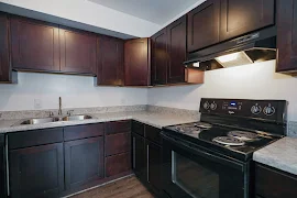 Close up of apartment kitchen with black appliances and dark wood cabinets