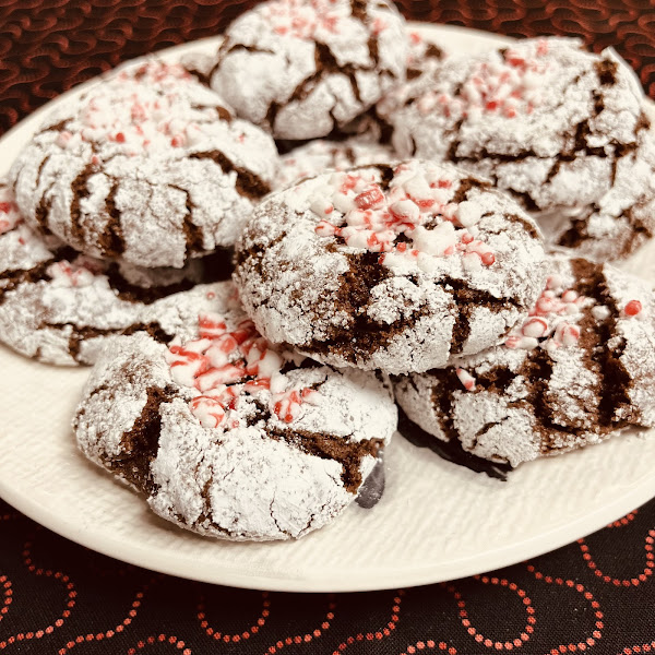Candy cane topped Chocolate Crinkle cookies. Gluten, dairy, soy, and dye free.