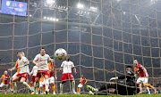 Galatasaray's Hakim Ziyech scores their second goal past Manchester United goalkeeper Andre Onana in the Uefa Champions League Group A match at RAMS Park in Istanbul, Turkey on Wednesday night.