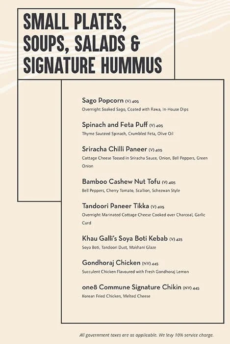 One8 Commune menu 