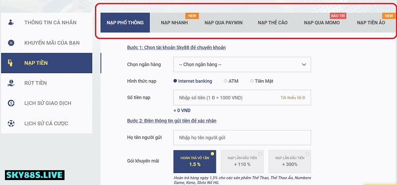Nạp tiền Sky88 uy tín và nhanh