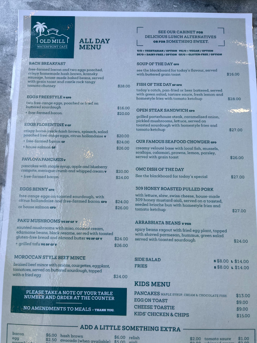 The Old Mill Cafe gluten-free menu