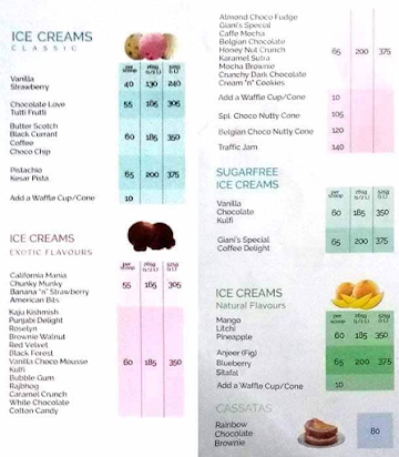 Giani's Ice Cream menu 