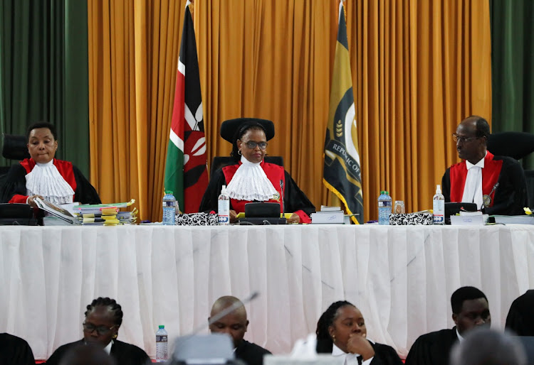 Kenya's Supreme Court judges led by chief justice Martha Koome flanked by her deputy, Philomena Mwilu and judge Mohammed Ibrahim at court in Nairobi, Kenya, September 2 2022. Picture: THOMAS MUKOYA/REUTERS